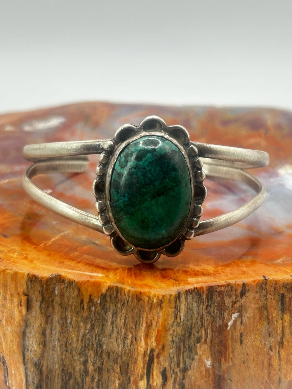 Handcrafted Sterling Silver Bangle Bracelet with Green Fuschite Gemstone